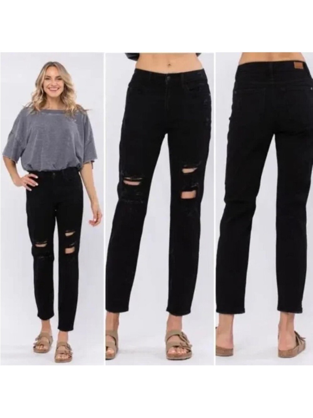 Judy Blue Black Boyfriend Fit Distressed Ripped Jeans Size 13/31